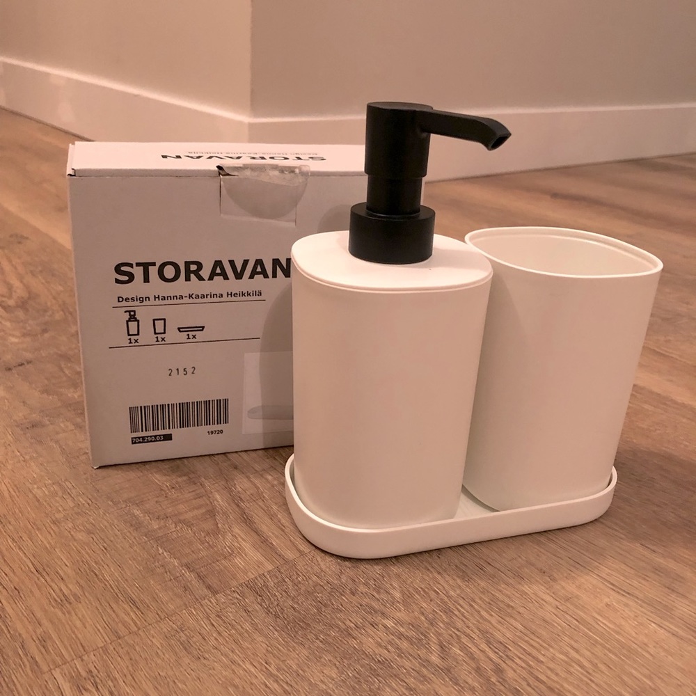 3 piece bathroom set: soap dispenser, dish, cup